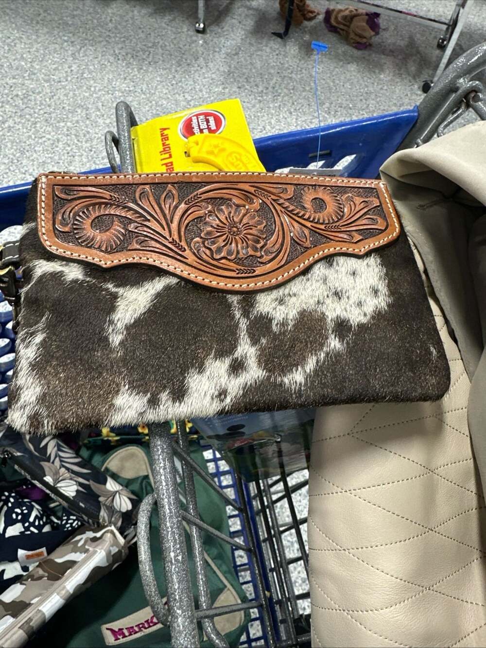 Western Cowhide Wristlet Tooled Leather Brown White
